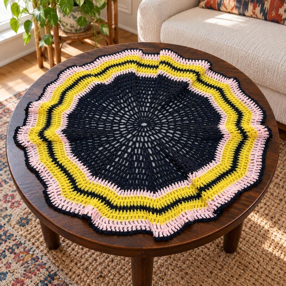 Handmade Crochet Round Table Topper 28" Black Yellow Pink Scalloped Edge